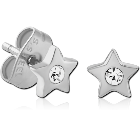 316L SURGICAL STEEL STUD EARRINGS STAR WITH CLEAR CRYSTAL CENTER POLISHED FINISH