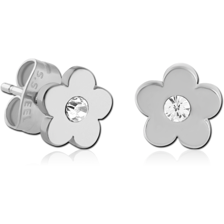 316L SURGICAL STEEL STUD EARRINGS FLOWER WITH CLEAR CRYSTAL CENTER POLISHED FINISH