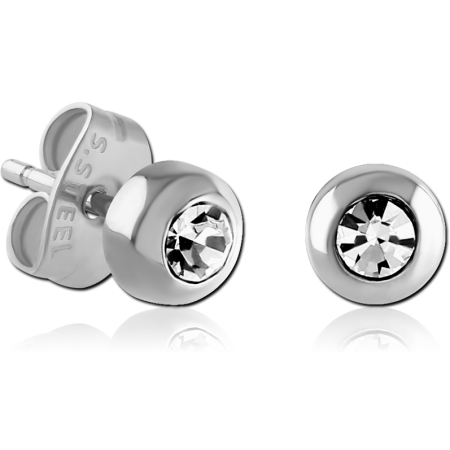 316L SURGICAL STEEL STUD EARRINGS ROUND BEZEL SET CLEAR CRYSTAL POLISHED FINISH