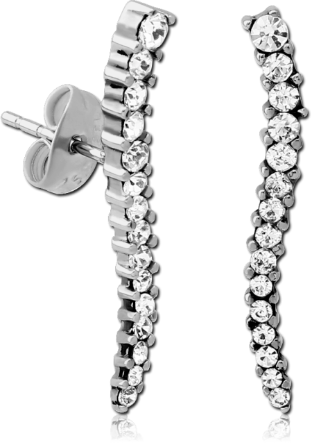 316L SURGICAL STEEL STUD EARRINGS CURVED BAR WITH MULTIPLE CLEAR CRYSTALS POLISHED FINISH