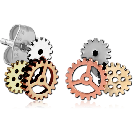 316L SURGICAL STEEL STUD EARRINGS STEAMPUNK GEAR CLUSTER TRI TONE POLISHED FINISH