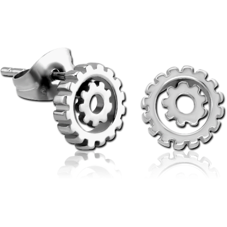 316L SURGICAL STEEL STUD EARRINGS GEAR COGWHEEL CUTOUT OUTLINE POLISHED FINISH