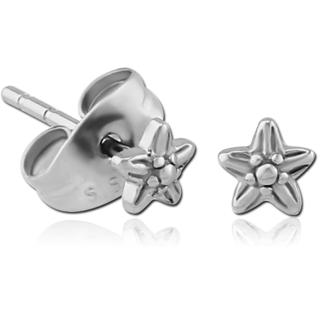 316L SURGICAL STEEL STUD EARRINGS TEXTURED STAR RAISED CENTER POLISHED FINISH
