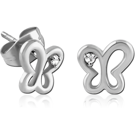 316L SURGICAL STEEL JEWELED STUD EARRINGS BUTTERFLY OUTLINE SINGLE CLEAR GEM PAIR
