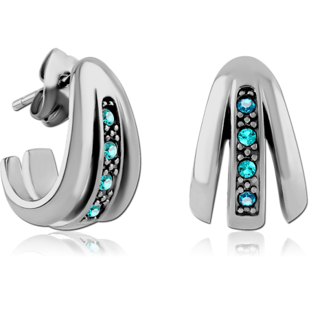 316L SURGICAL STEEL JEWELED STUD EARRINGS DOUBLE BAND CHANNEL BLUE GEMS PAIR