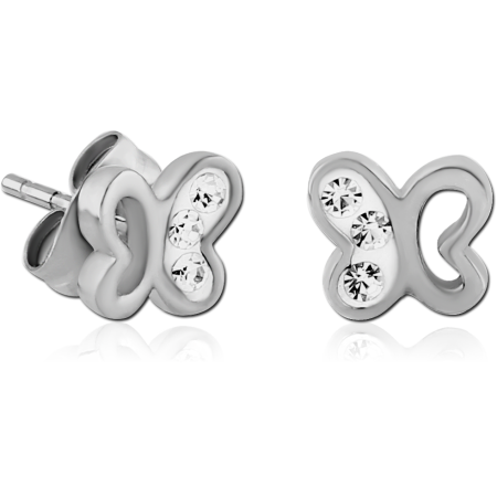 316L SURGICAL STEEL JEWELED STUD EARRINGS BUTTERFLY OUTLINE TRIPLE CLEAR GEMS PAIR