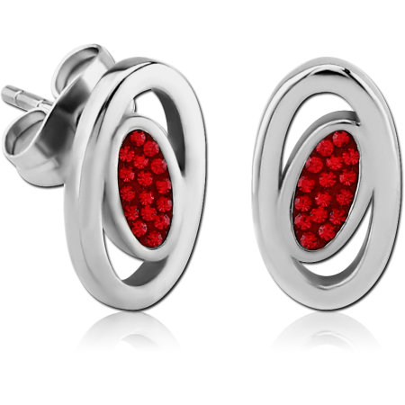 316L SURGICAL STEEL JEWELED STUD EARRINGS DOUBLE OVAL FRAME RED GEMS PAIR
