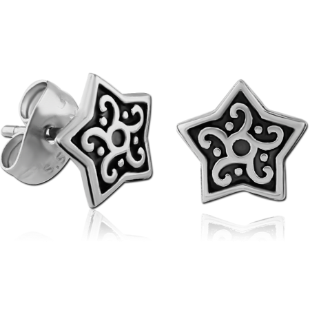 316L SURGICAL STEEL STUD EARRINGS STAR FILIGREE BLACKENED DETAIL DESIGN PAIR