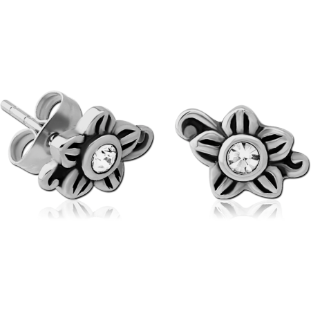 316L SURGICAL STEEL JEWELED STUD EARRINGS FLOWER PETAL BLACK ACCENTS CLEAR GEM PAIR