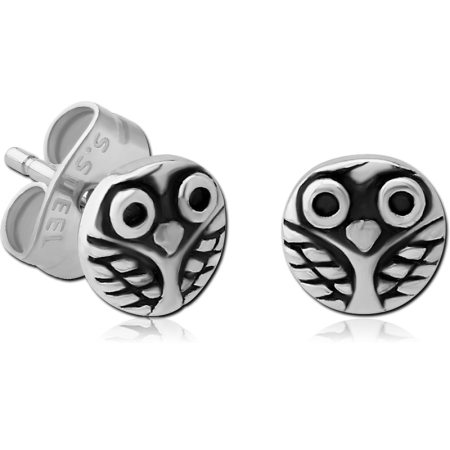 316L SURGICAL STEEL STUD EARRINGS ROUND OWL FACE BLACKENED DETAIL PAIR