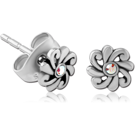 SURGICAL STEEL JEWELED EAR STUDS PAIR - FILIGREE