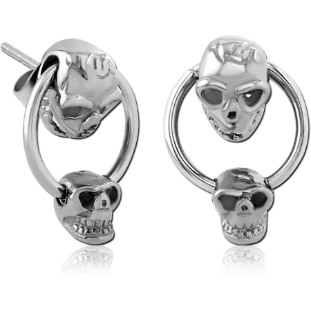 316L SURGICAL STEEL STUD EARRINGS DOUBLE SKULL RING DANGLE DESIGN PAIR