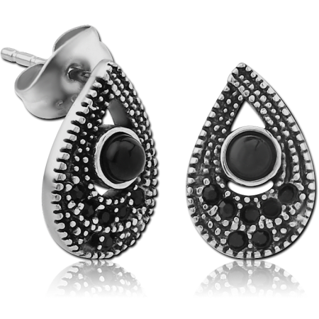 316L SURGICAL STEEL STUD EARRINGS TEARDROP WITH BLACK CENTER AND BEADED EDGE ACCENTS