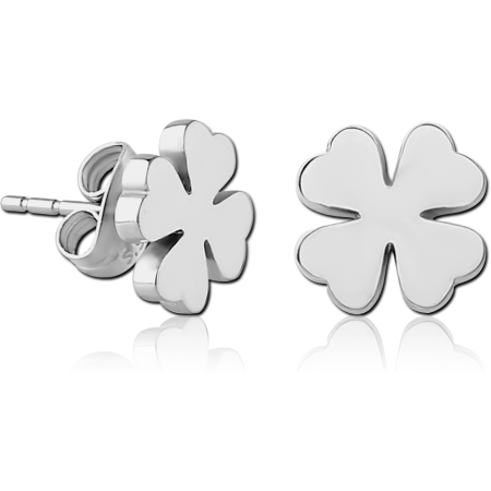 316L SURGICAL STEEL STUD EARRINGS POLISHED FOUR LEAF CLOVER DESIGN