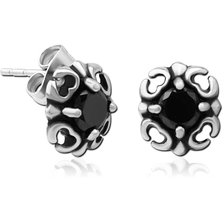 316L SURGICAL STEEL STUD EARRINGS BLACK GEM WITH ORNATE FLORAL FRAME