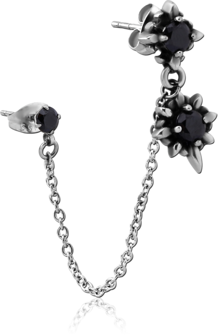 316L SURGICAL STEEL STUD EARRINGS BLACK GEMS WITH CONNECTING CHAIN