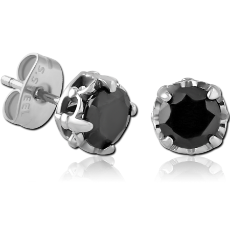 316L SURGICAL STEEL STUD EARRINGS PRONG SET ROUND BLACK GEM