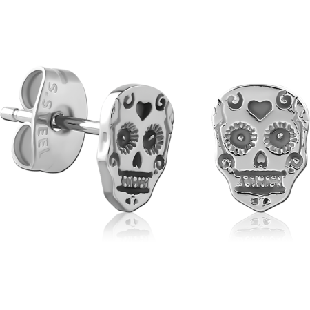 316L SURGICAL STEEL STUD EARRINGS POLISHED SUGAR SKULL FACE DESIGN