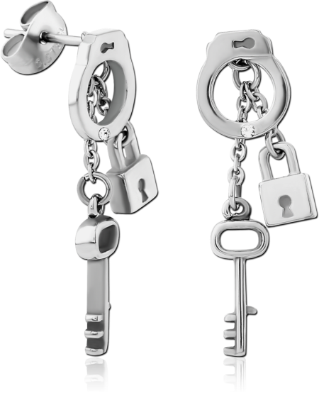 316L SURGICAL STEEL STUD EARRINGS HANDCUFF HOOP WITH LOCK AND KEY CHARMS PAIR