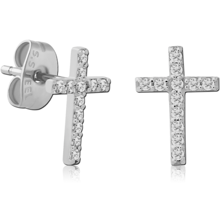316L SURGICAL STEEL STUD EARRINGS PAVE CROSS WITH CLEAR GEMS PAIR