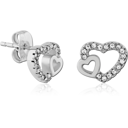 316L SURGICAL STEEL STUD EARRINGS OPEN DOUBLE HEART WITH CLEAR GEMS PAIR