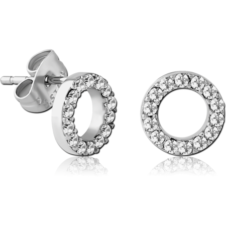 316L SURGICAL STEEL STUD EARRINGS OPEN CIRCLE WITH CLEAR GEMS PAIR