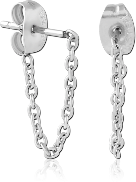 316L SURGICAL STEEL STUD EARRINGS DOUBLE CHAIN DROP DANGLE DESIGN PAIR