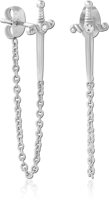 316L SURGICAL STEEL DANGLE STUD EARRINGS SWORD WITH CHAIN AND GEM PAIR