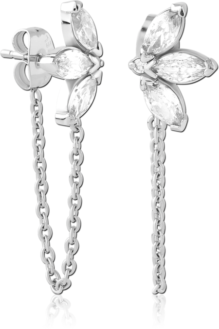 316L SURGICAL STEEL EAR STUDS PAIR MARQUISE PETAL CLUSTER WITH CONNECTING CHAIN