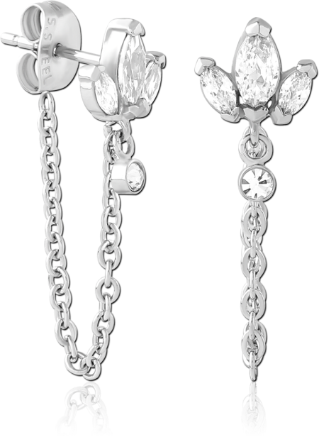 316L SURGICAL STEEL EAR STUDS PAIR MARQUISE CLUSTER WITH BEZEL GEM CONNECTING CHAIN