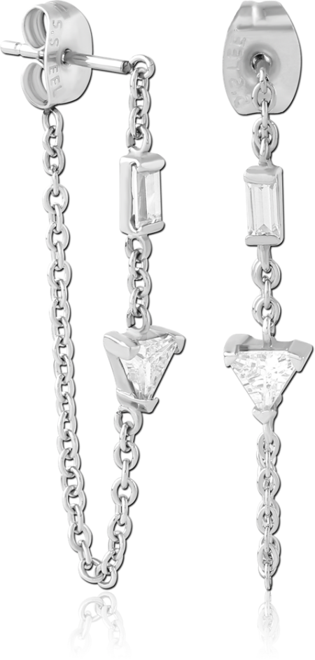 316L SURGICAL STEEL EAR STUDS PAIR BAGUETTE AND TRIANGLE GEM WITH CONNECTING CHAIN