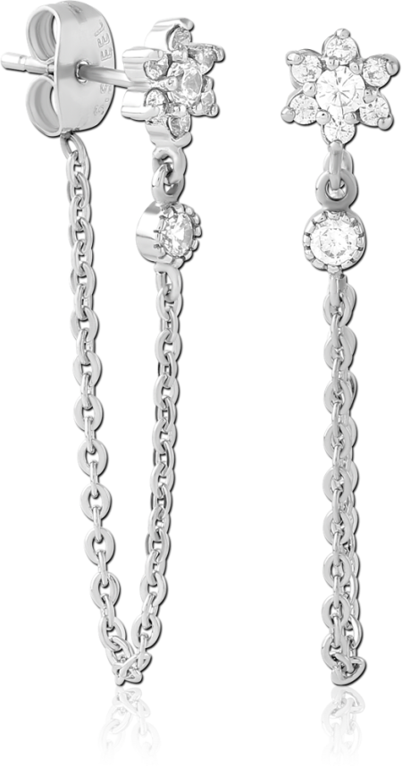 316L SURGICAL STEEL EAR STUDS PAIR FLOWER CLUSTER WITH BEZEL GEM CONNECTING CHAIN
