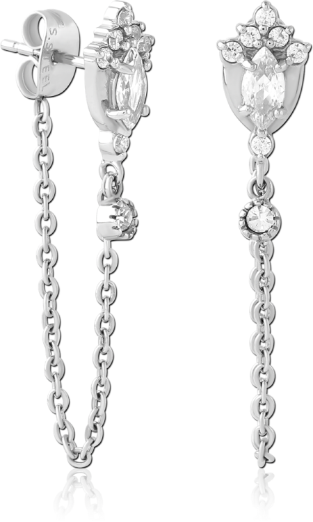 316L SURGICAL STEEL EAR STUDS PAIR MARQUISE CROWN CLUSTER WITH BEZEL GEM CONNECTING CHAIN