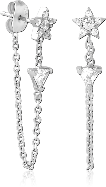 316L SURGICAL STEEL EAR STUDS PAIR STAR CLUSTER WITH TRIANGLE GEM CONNECTING CHAIN