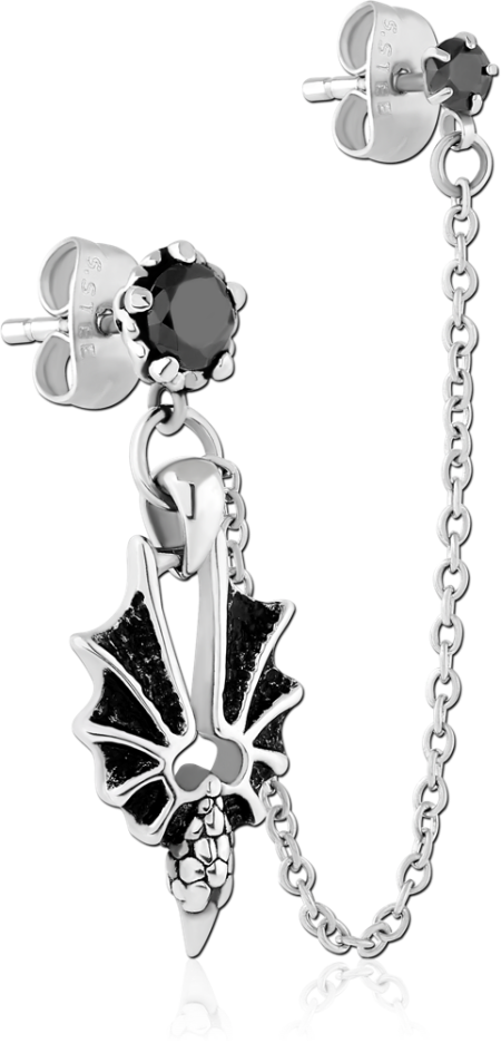 316L SURGICAL STEEL EAR STUDS PAIR BLACK GEM WITH BAT WING CHARM CONNECTING CHAIN