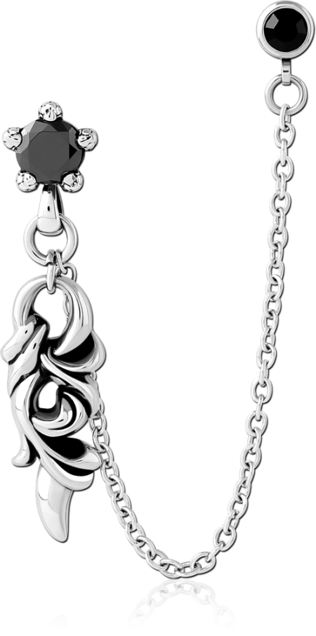316L SURGICAL STEEL STUD EARRINGS BLACK GEM CONNECTING CHAIN WITH LEAF VINE CHARM