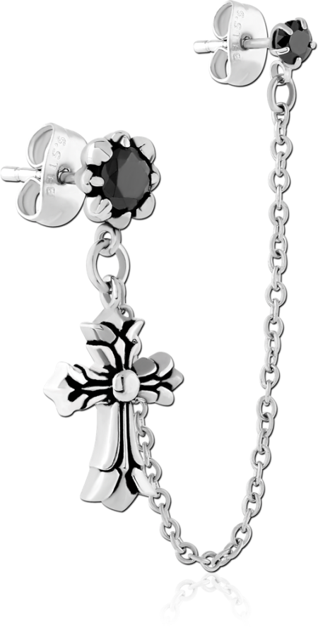 316L SURGICAL STEEL STUD EARRINGS BLACK GEM CONNECTING CHAIN WITH CROSS CHARM
