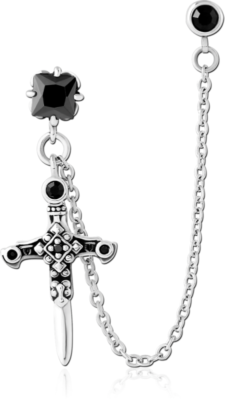 316L SURGICAL STEEL STUD EARRINGS BLACK GEM CONNECTING CHAIN WITH DAGGER CHARM