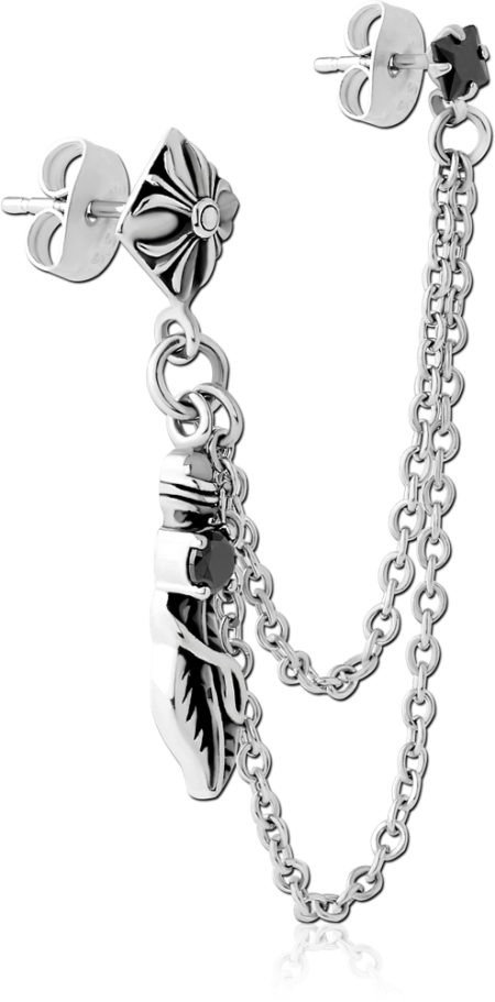 316L SURGICAL STEEL STUD EARRINGS DOUBLE CONNECTING CHAINS WITH LEAF CHARM