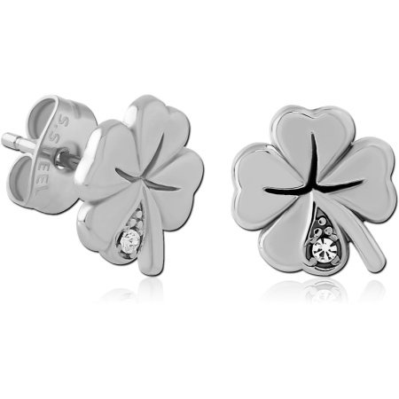316L SURGICAL STEEL STUD EARRINGS FOUR LEAF CLOVER WITH CLEAR GEM