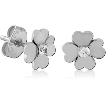316L SURGICAL STEEL STUD EARRINGS FOUR PETAL FLOWER WITH CLEAR GEM CENTER