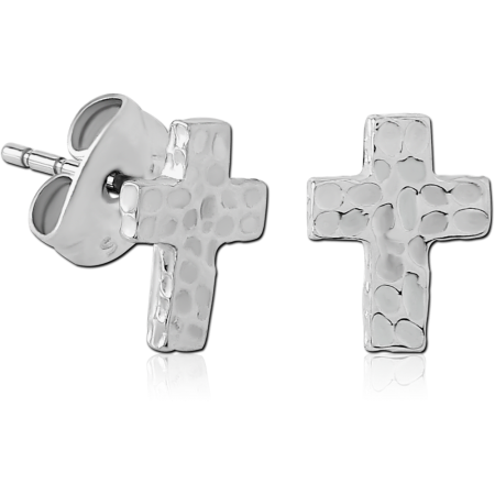 316L SURGICAL STEEL STUD EARRINGS HAMMERED TEXTURE CROSS