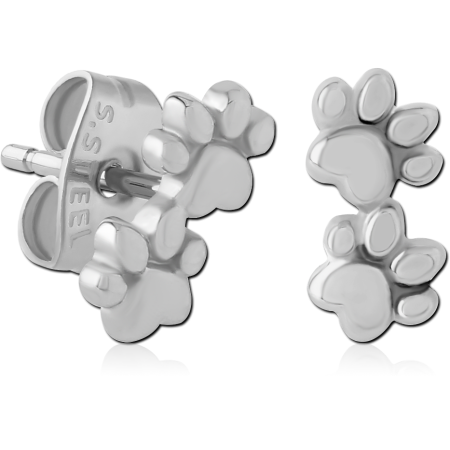 316L SURGICAL STEEL EAR STUDS POLISHED DOUBLE PAW PRINT DESIGN PAIR