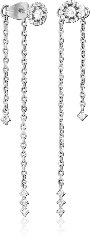 316L SURGICAL STEEL EAR STUDS GEM HALO TOPS WITH CHAIN DROPS PAIR