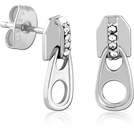 316L SURGICAL STEEL EAR STUDS PULL TAB DANGLE CLEAR GEM ACCENTS