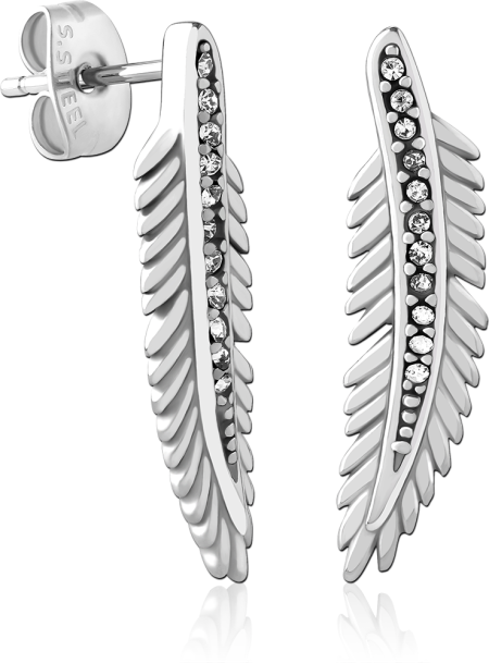 316L SURGICAL STEEL EAR STUDS FEATHER SILHOUETTE CLEAR GEM ROW