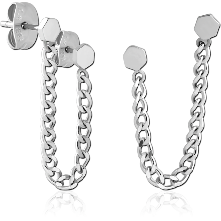 316L SURGICAL STEEL EAR STUDS DOUBLE HEXAGON TOPS WITH CHAIN DRAPE