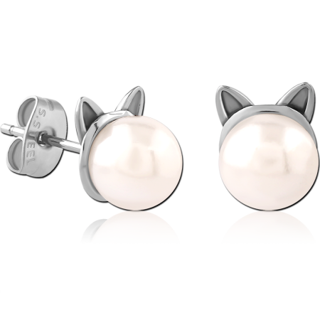 316L SURGICAL STEEL EAR STUDS CAT EAR DESIGN WHITE PEARL