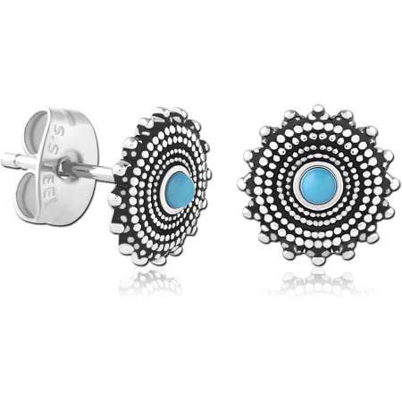 316L SURGICAL STEEL EAR STUDS DOTTED MANDALA BLUE CENTER STONE