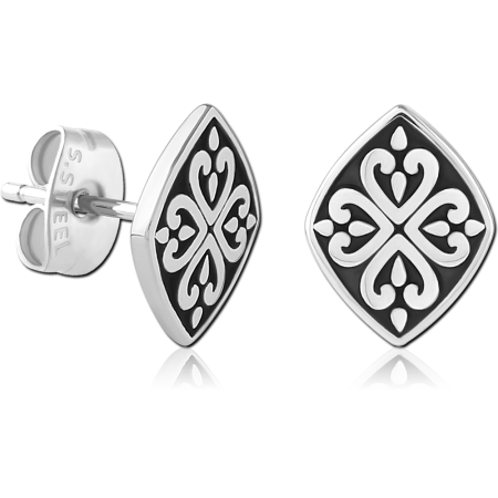 316L SURGICAL STEEL EAR STUDS DIAMOND CLOVER BLACK INLAY DESIGN